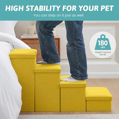 Dog Stairs with Storage, 4-Step Wider Sturdy Dog Steps for Small/Medium/Large Dogs and Older Cats, Folding Doggie Ramp for Bed/Couch/Car Hold Up to 180 lbs (22" H, Yellow)