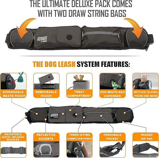 TAKSIN The Ultimate Hands Free Two Dogs Double Leash System for Walking Running Hiking Training, Reflective Bungee Leash, Treat Holder, Poop Bag Dispenser Small Medium Large Dogs (Grey Deluxe Pack)