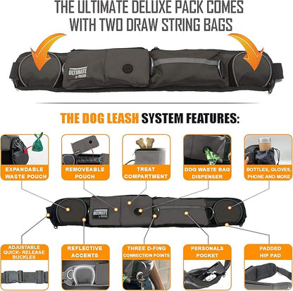 TAKSIN The Ultimate Hands Free Two Dogs Double Leash System for Walking Running Hiking Training, Reflective Bungee Leash, Treat Holder, Poop Bag Dispenser Small Medium Large Dogs (Grey Deluxe Pack)