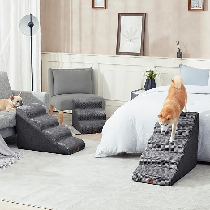 EHEYCIGA Curved Dog Stairs Ramp for High Beds 22.6" H, 5-Step Dog Steps for Small Dogs and Cats, Pet Stairs for High Bed Climbing, Non-Slip Balanced Pet Step Indoor, Grey