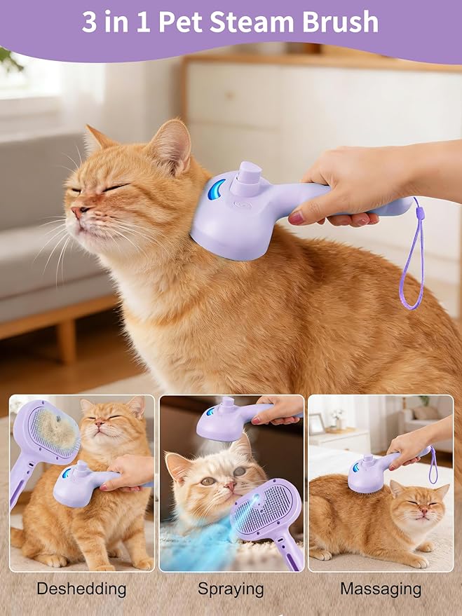 Dog Cat Steam Brush With UV Light, 3 in 1 Release Button Self-Cleaning Grooming Brush for Pets Cats Dogs, Hair Massaging Shedding for Small Animals Long Short Haired - Purple