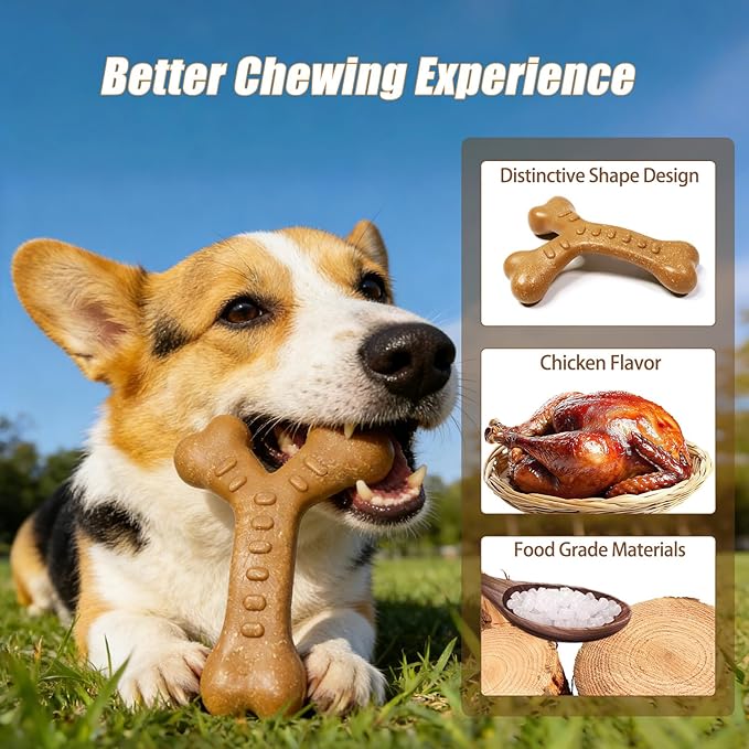 Dog Chew Toys for Aggressive Chewers, Durable Nylon & Wood Teething Toy with Chicken Flavor, Tough Chewing Dog Toys for Large Dogs (Wishbone)
