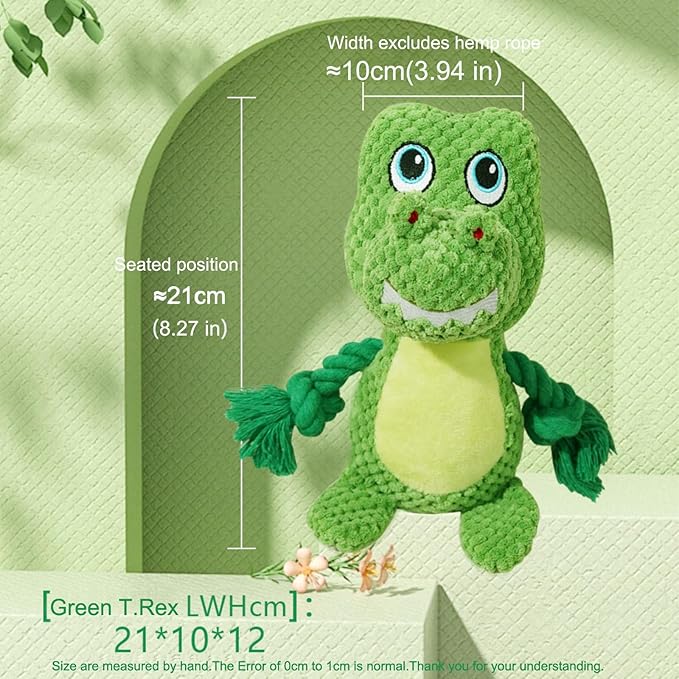 Cute Animals Interactive Squeaky Dog Toy with a Vocal Bladder, Crinkle Paper Stuffed Soft Cotton Chew Toy, Teething Rope Tug of War Pull Toy to Keep Them Busy for Puppy, Small Dogs - Green T.Rex