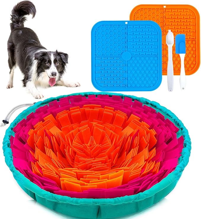 Dog Snuffle Mat and Lick Mats Set, Interactive Dog Enrichment Puzzle Toys for Puppy Small Medium Large Breed Dogs Cats, Adjustable Slow Feeder Bowl Sniff Foraging Treat Mats Mental Stimulation
