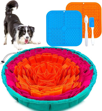 Dog Snuffle Mat and Lick Mats Set, Interactive Dog Enrichment Puzzle Toys for Puppy Small Medium Large Breed Dogs Cats, Adjustable Slow Feeder Bowl Sniff Foraging Treat Mats Mental Stimulation