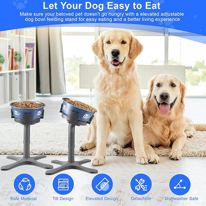 Dog Bowls,Elevated Adjustable Dog Bowl Stand with 3 Heights & Tilted Feeding Design, Raised Stand Compatible with Medium & Large Breeds(with Bowl) Grey