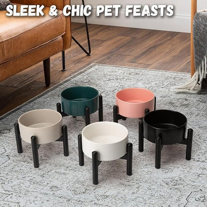 Raised Ceramic Dog Bowl - Elevated Food Water Dish with Stainless Steel Stand - for Small to Medium Dogs - 6 Inch - 2 Cups (28.75 fl oz) - Black