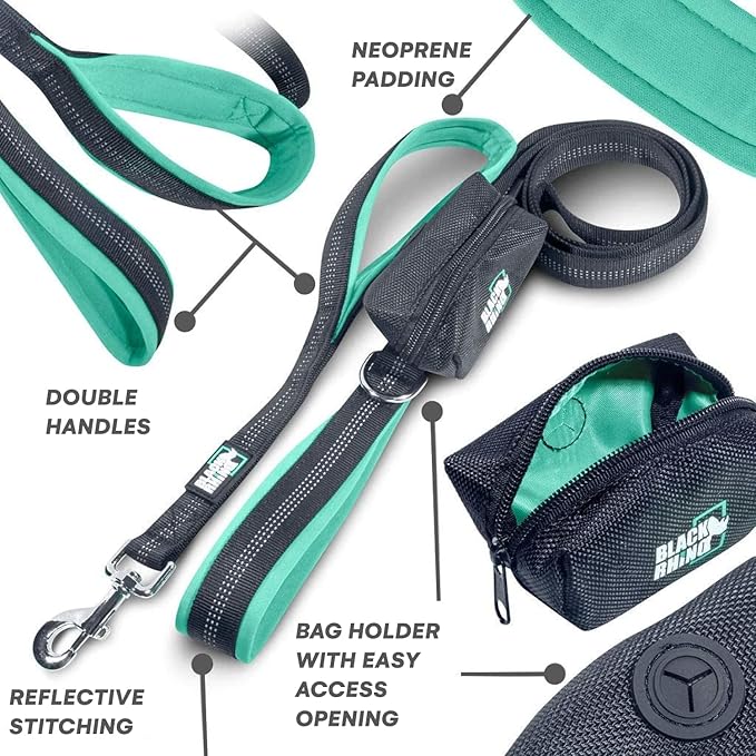 Black Rhino Heavy Duty Dog Leash for Medium and Large Dogs - 6 ft Long Double Handle Leash with Padded Traffic Control Handles and Bag for Comfort - Reflective, Durable, and Weather Resistant (Aqua)