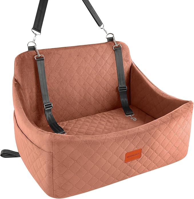 Wooaidagg Dog Car Seat for Medium & Large Dogs Up to 55lbs, Memory Foam Cushion, Washable Cover, Safety Straps & Non-Slip Base (Brown, Large)