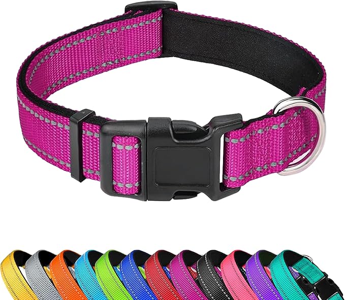 Reflective Dog Collar, Adjustable Soft Neoprene Padded Nylon Pet Collars with Buckle for Medium Dogs, Rose Red,M