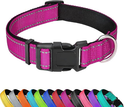 Reflective Dog Collar, Adjustable Soft Neoprene Padded Nylon Pet Collars with Buckle for Large Dogs, Rose Red,L