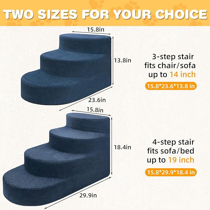 Dog Stairs for Small Dogs, Foam Steps for Small Dogs & Cats, 3 Steps Dog Ramp for High Beds, Couch, Window, Sofa, Pet Stairs with Removable Washable Cover, Non-Slip Sturdy Pet Steps, Navy Blue