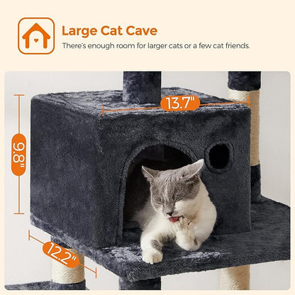 Feandrea Cat Tree, 56.3-Inch Cat Tower, Multi-Level Plush Condo with 11 Scratching Posts, 2 Perches, Hammock, Cave, Smoky Gray UPCT15GYZ