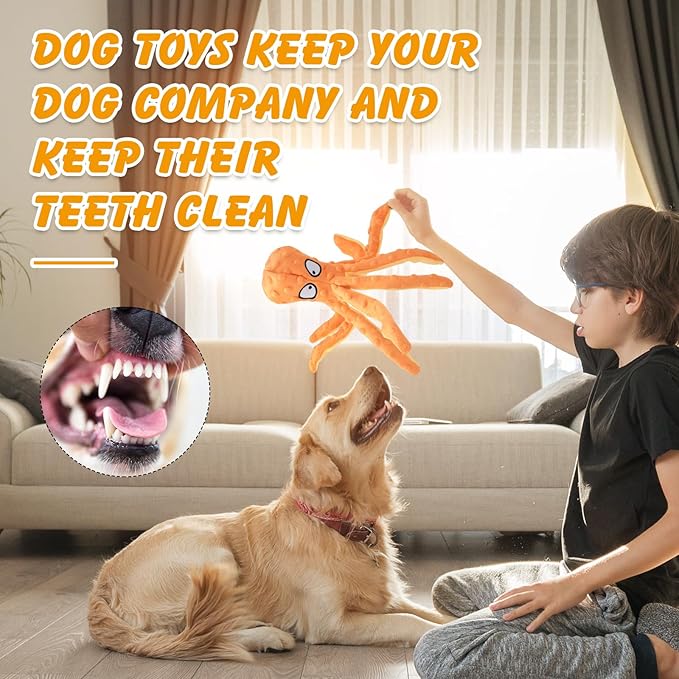 2 Pcs Octopus Dog Toys, No Stuffing Squeaky Dog Toys Chew Toys for Dogs Puppy Toys Indestructible Dog Toy for Small & Medium & Large Dogs (Blue,Orange)