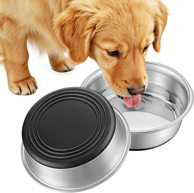 Stainless Steel Dog Bowls Set of 2, Extra Thick Metal Bowls, with Non-Slip Rubber Base Dog Bowl, BPA Free, Holds 8 Cups(59 fl oz), for Small Dogs, Black