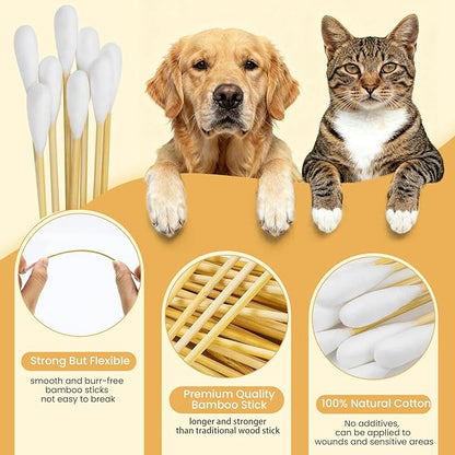 100 PCS Large Cotton Swabs with Storage Box - 6 Inch Dog Ear Swabs with Bamboo Handle for Pet Cleaning - Soft Cotton Head, Gentle and Lint-Free, Specific for Pets, Dog Ear Cleaner Tool
