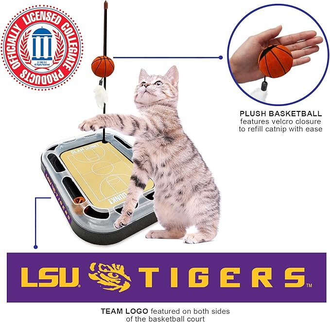 Cats Scratcher NCAA LSU Tigers Basketball Court CAT Scratcher Toy with Catnip Filled Plush Basketball Toy & Feather Cat Toy Hanging, with Jingle Bell Interactive Ball Cat Chasing 5-in-1 Kitty Toy