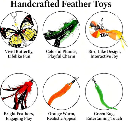Cat Toy Set 11PCS: Interactive Bird Toys for Indoor Kittens & Cat Teaser Wand, 39" Fishing Pole + 18.5" Short Telescopic Wand, 2 Wires, 6 Feather & 1 Bird Toy – EVA Handles, Exercising, Playing