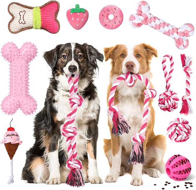 Vinsot 12 Pack Large Dog Chew Toys for Aggressive Chewers Pink Dogs Teething Toys with Dental Rope Squeaky Balls and Chew Bone for Medium Large X-Large Breeds Dogs