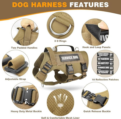 WINSEE Service Dog Vest Harness for Medium Dog, Tactical Working MOLLE Vest with 10 Pet Patches, No Pull Heavy Duty Harness for Training Walking