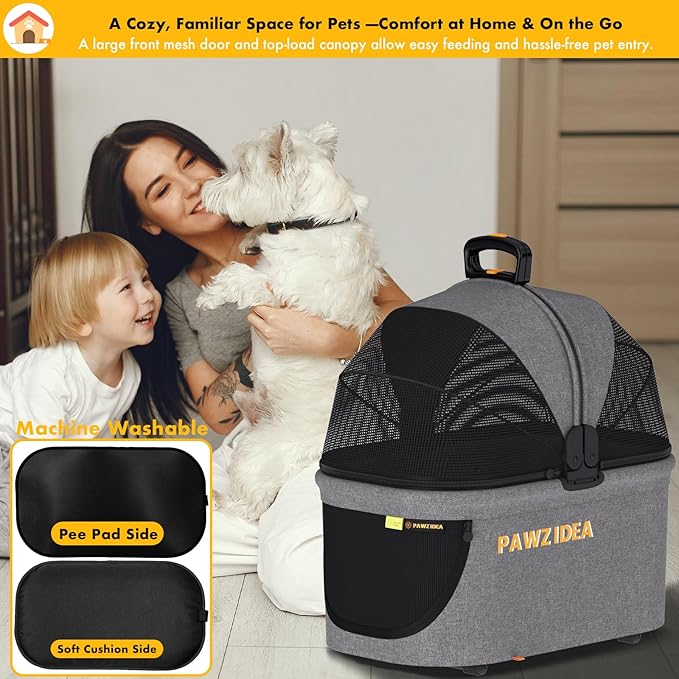 PAWZIDEA Portable Small Dog Crate for Car Travel up 33lbs, Enclosed Dog Car Seat Soft-Sided, Escape-Proof Reversible No-Zip Canopy, Foldable Pet Carrier Seatbelt for Small Medium Puppies & Cats Kennel