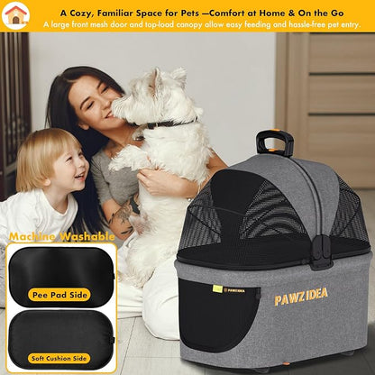 PAWZIDEA Portable Small Dog Crate for Car Travel up 33lbs, Enclosed Dog Car Seat Soft-Sided, Escape-Proof Reversible No-Zip Canopy, Foldable Pet Carrier Seatbelt for Small Medium Puppies & Cats Kennel