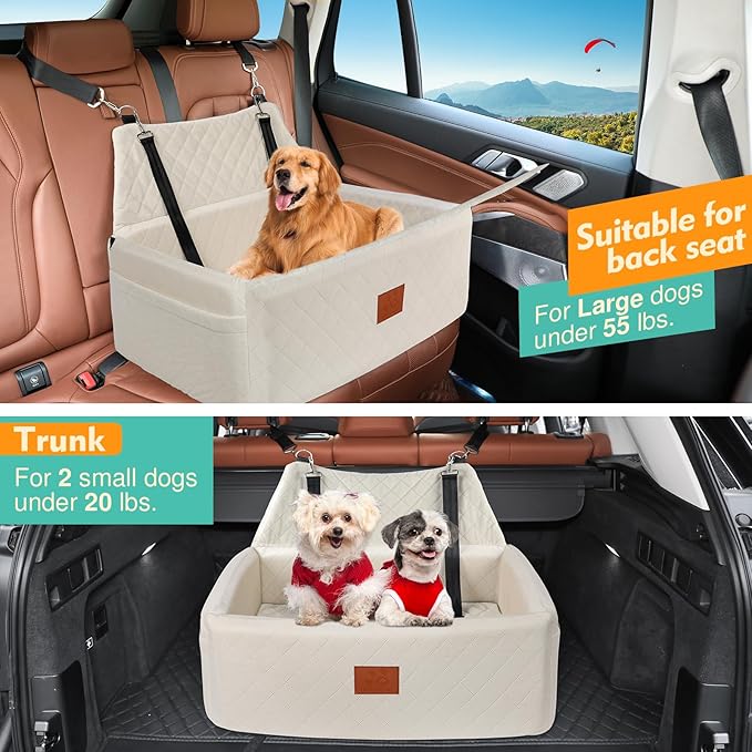 NEEZUKAR Dog Car Seat for Large Medium Dogs,Washable Pet Carseat Under 55 lbs or 2 Small Dogs,Dog Booster Seat Travel Bed with Thick Cushion,2 Safety Leashes