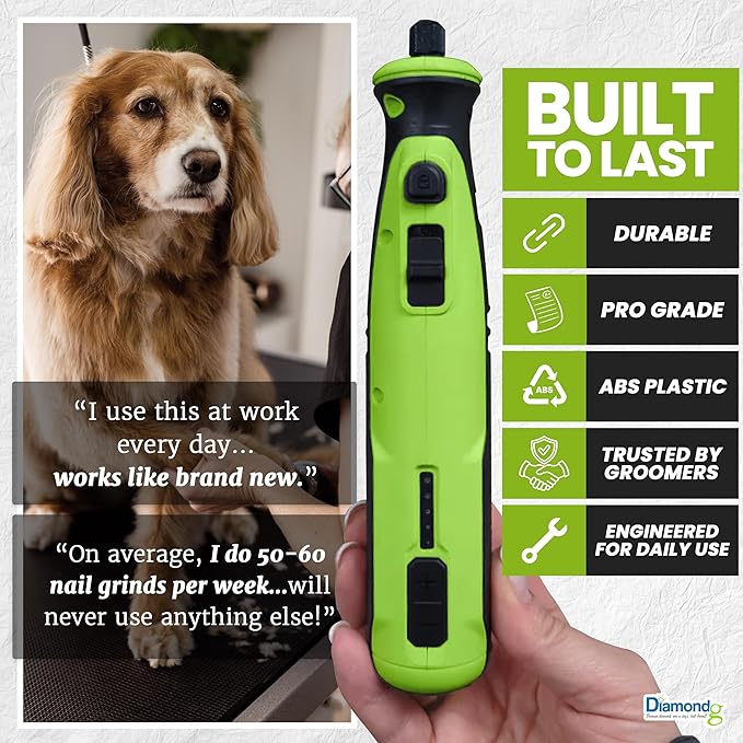 Diamondg Cordless Dog Nail Grinder with Quiet Sound & LED Tip for Large & Small Dogs, 4hrs. Runtime - Electric Dog Nail Trimmer, Heavy Duty Rotary Tool Alternative to Toenail Clippers & Filers