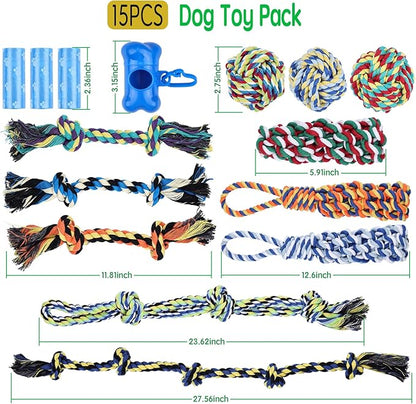 15 Pack Dogs Rope Toys for Large/Medium/Small Aggressive Chewers, Tough Cotton Dental Rope Toys Kit, Heavy Duty Dog Tug of War Toy for Chewing, Playing, Teething, Teeth Cleaning, Tossing and Catching