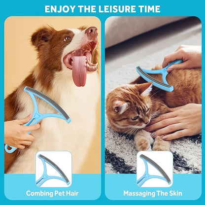 2-in-1 Pet Hair Remover Roller & Brush - Furniture Carpet Rake and Silicone Pet Grooming Brush with Extendable Handle, Adhesive Hook for Easy Storage | Dog Cat Hair Removal Tool for Home Car Cleaning