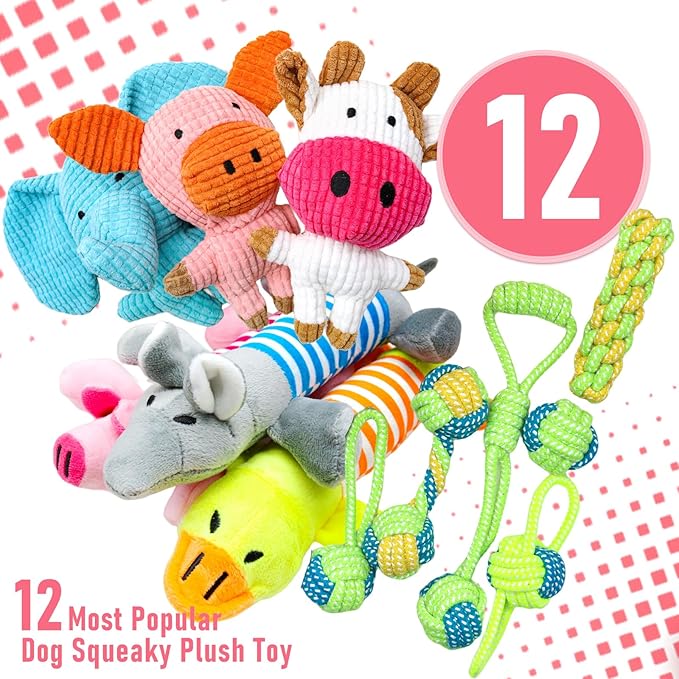 12 Pack Dog Squeaky Toys, Interactive Plush Chew Toys with Rope, Puppy Teething Toys Bundle for Small & Medium Dogs, Cute Soft Dog Toys to Keep Pets Busy