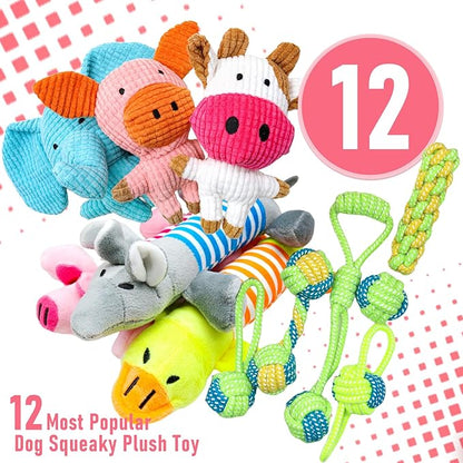 12 Pack Dog Squeaky Toys, Interactive Plush Chew Toys with Rope, Puppy Teething Toys Bundle for Small & Medium Dogs, Cute Soft Dog Toys to Keep Pets Busy