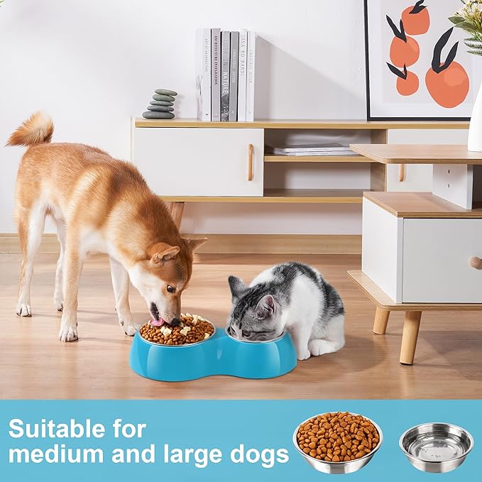 Double Dog Bowls and Food Bowls,Includes Small (4 fl oz) & Medium (10 fl oz) & Non-Slip Resin Station,Pet Feeder for Puppy Medium Dogs Cats - Blue