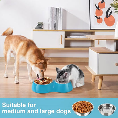 Double Dog Bowls and Food Bowls,Includes Small (4 fl oz) & Medium (10 fl oz) & Non-Slip Resin Station,Pet Feeder for Puppy Medium Dogs Cats - Blue