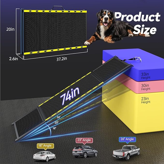 74'' L & 20'' W Longest Dog Ramp for Car - Extra Wide Portable Pet Dog Ramps for Large Dogs, Dogs Cars Ramp for Car SUV/Truck/RV/Bed, Lightweight Ramps with Non-Slip Mesh Up to 250LBS, Black