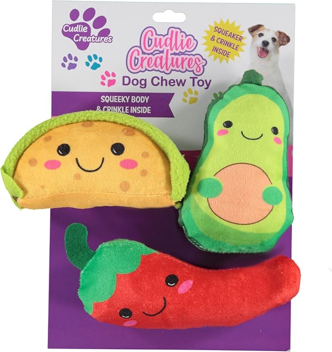 Cudlie 3 Pack Plush Dog Chew Toys – Soft Squeaky Puppy Toys for Small Dogs– 4" Durable, Cute & Safe Pet Toy Gift Set (Food, Fruit, Farm, Zoo & Safari Animal Themes)