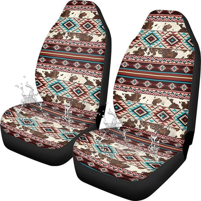 Aztec Cow Print Car Seat Covers Full Set of 2 Waterproof Breathable Car Seat Cover for Front Seats Elastic Fabrics Easy to Install Universal for Auto Truck Van SUV