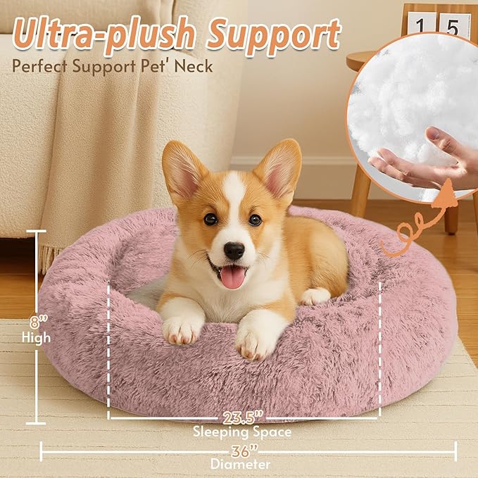 JOLLYVOGUE Calming Dog Beds Large Sized Dog, 36in Donut Washable Large Pet Bed, Anti-Slip & Anti-Anxiety Fluffy Faux Fur Round Dogs Bed, Fits up to 80 lbs Pets (Dark Pink)