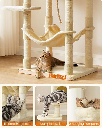 Feandrea Cat Tree, 56.3-Inch Cat Tower, Multi-Level Plush Condo with 11 Scratching Posts, 2 Perches, Hammock, Cave, Beige UPCT15BE