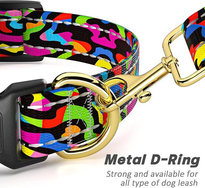 Reflective Dog Collar for Large Dogs, Cute Boho Adjustable Heavy-Duty Nylon Puppy Collar for Boy and Girl Female, Soft Pet Accessories with Quick Release Buckle, Abstract Rainbow Art