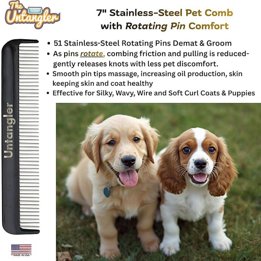 Pet comb for easy mat removal - silky smooth rotating teeth untangles without causing pain to pets (7" Onyx Black)