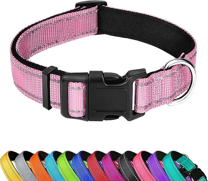 Reflective Dog Collar, Adjustable Soft Neoprene Padded Nylon Pet Collars with Buckle for Extra Large Dogs, Light Pink,XL