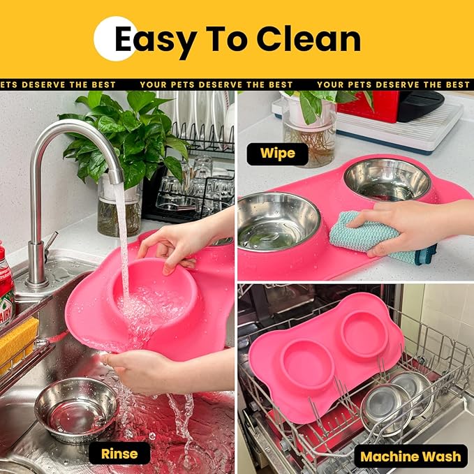 Stainless Steel Dog Bowls with Non-Slip Silicone Mat, Spill Proof Food & Water Bowls Set, Easy Clean Puppy Food Dish, Dishwasher Safe, Suitable for Dogs Cats Pet Under 20lbs, Small, Pink