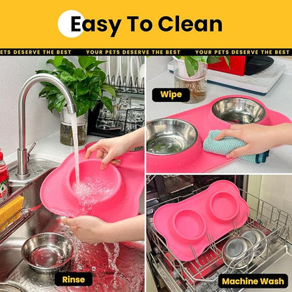 Dog Bowls with Silicone Feeding Mat,No Spill Food Water Dish Set,Dishwasher Safe,2 Stainless Steel Puppy Bowls with Dogs Bandanas,Suitable for Tiny Pets Under 8lbs,Extra Small,Pink