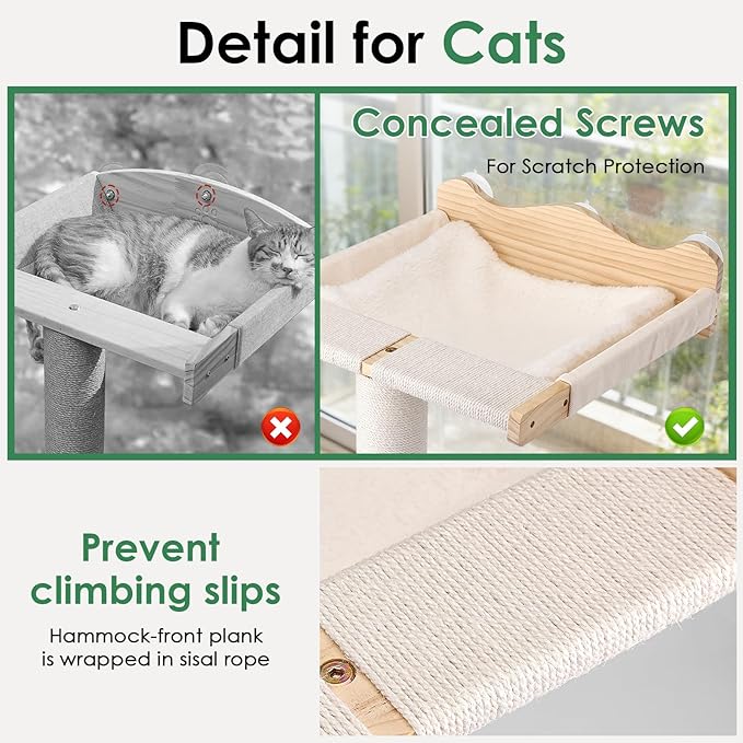 Cat Window Perch with Tall Scratching Post, 44" Adjustable Sisal Cat Tree, 33lbs Capacity Suction Cup Hammock for Indoor Cats Scratching & Watching Birds, Beige, with Detachable Cushion