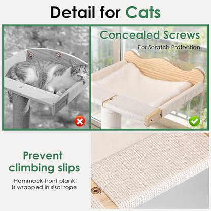 Cat Window Perch with Tall Scratching Post, 44" Adjustable Sisal Cat Tree, 33lbs Capacity Suction Cup Hammock for Indoor Cats Scratching & Watching Birds, Beige, with Detachable Cushion