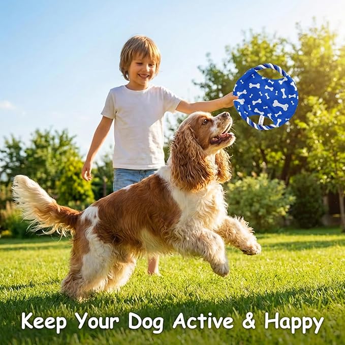 Dog Rope Flying Disc Toy with Squeaker | Durable Canvas Center & Braided Cotton Rope Ring | 2-in-1 Fetch & Tug Interactive Toy for Small & Medium Dogs | 9 Inch