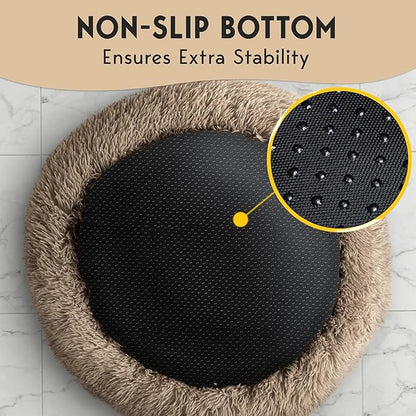 PetJett Large Dog Bed - 36'' Calming Donut Dog Beds, Anti-Slip & Washable Large Round Bed, Fluffy Faux Fur Pet Bed, Super Soft Anti-Anxiety Premium Comfort Bed, Fits Dogs up to 80 lbs - Beige