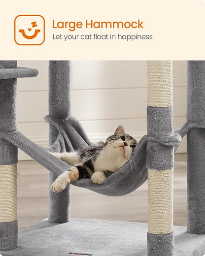 Feandrea Cat Tree, 73.2-Inch Tall Cat Tower, Plush Multi-Level Condo with 5 Scratching Posts, 2 Perches, 2 Caves, Hammock, 2 Pompoms, Light Gray UPCT191W01