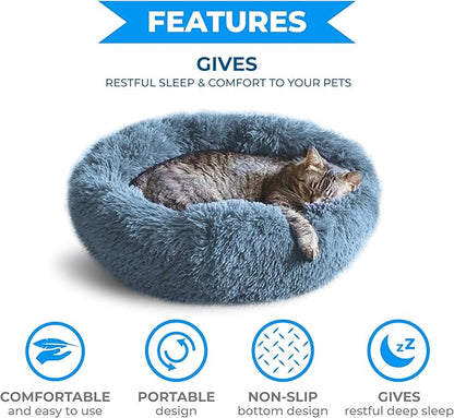 Whiskers & Friends Cat Bed, Cat Beds for Indoor Cats Washable, Orthopedic Soft Fluffy Round Calming Pet Bed for Small to Large Kitty Kittens & Small Dogs - Navy Grey-C - 23.00" x 23.00" x 7.00"
